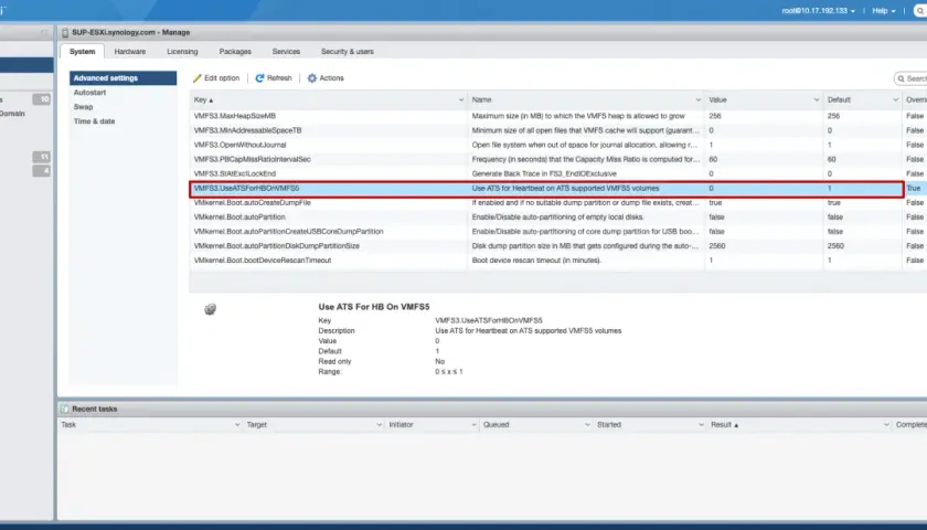 Configuración de VMFS3.UseATSForHBOnVMFS5 para latidos en volúmenes VMFS5 con iSCSI LUN.