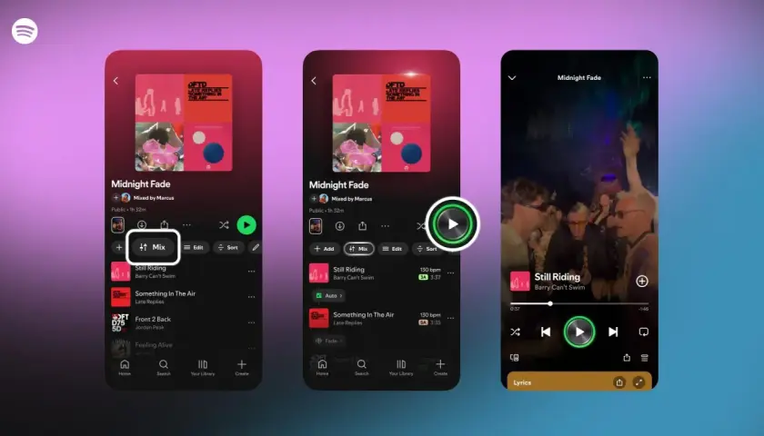 Trzy ekrany Spotify pokazują playlistę "Midnight Fade". Można dodać utwory, miksować, edytować i sortować. Idealne polskie piosenki na nocne słuchanie.