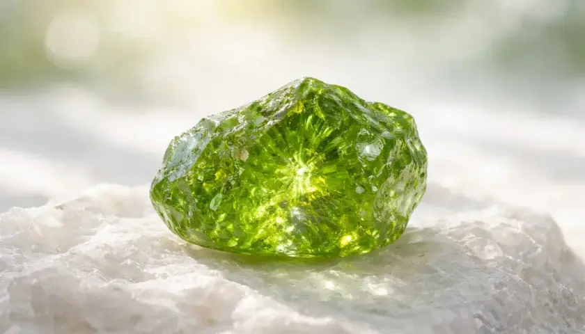 Peridoto brillante sobre roca blanca, su peridoto significado espiritual evoca luz y renovación.
