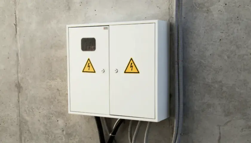 Biała skrzynka elektryczna z żółtymi symbolami ostrzegawczymi. Kto odpowiada za rury przed licznikiem? Instalacja elektryczna.