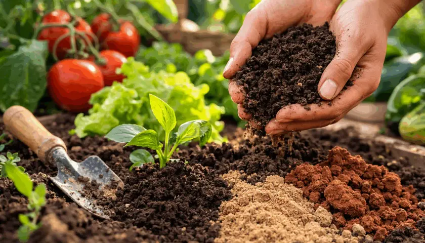 Mani che aggiungono terriccio a un orto. Ideale per capire cosa piantare su terreno argilloso.