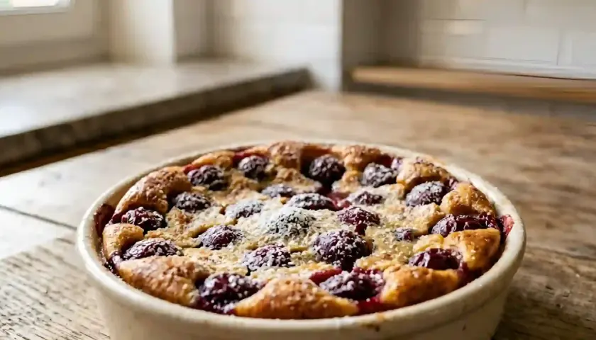 Un délicieux clafoutis aux cerises, saupoudré de sucre glace, sort du four. La croûte dorée et les fruits rouges invitent à la dégustation.