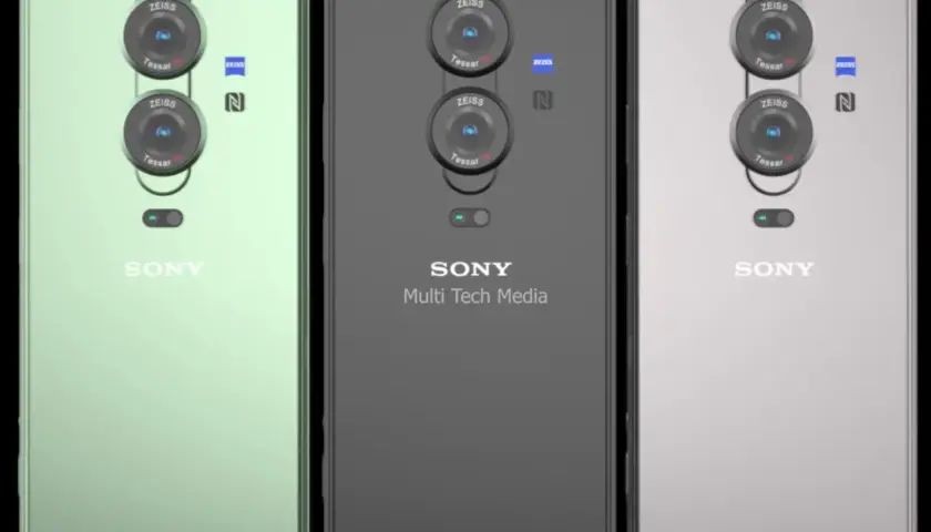 Trzy telefony Sony Xperia Pro-I Mark II w kolorach zielonym, czarnym i srebrnym, z charakterystycznym modułem aparatów.