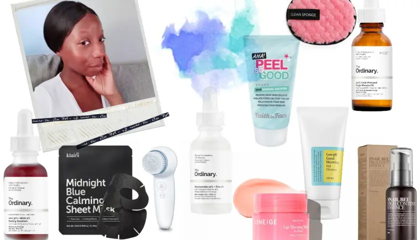 Une sélection de produits pour une routine skincare visage : sérums, masques, nettoyant, exfoliant et huile.