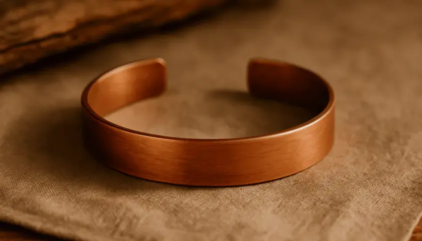 Bransoleta z miedzi, podkreślająca jej naturalne właściwości.
