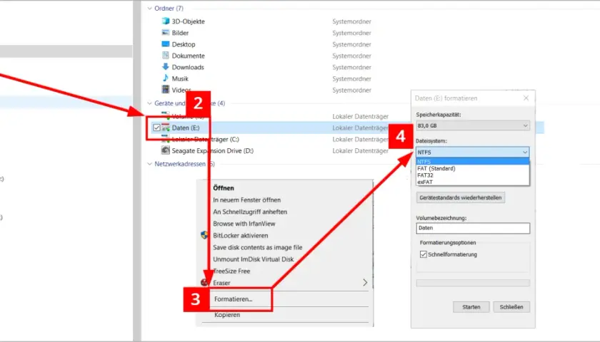 Festplatte formatieren Mac und Windows: Rechtsklick auf Laufwerk E:, dann "Formatieren..." wählen, um das Dateisystem (z.B. NTFS) auszuwählen.