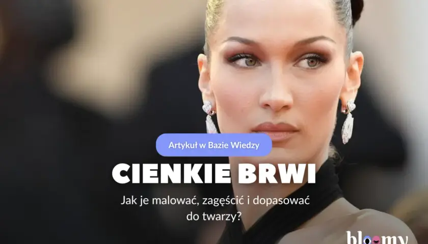 Bella Hadid z subtelnym makijażem, podkreślającym jej cienkie brwi. Artykuł podpowiada, jak je malować i dopasować do twarzy.