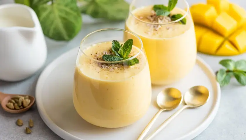 Dwa szklanki gęstego, żółtego smoothie mango z miętą i posypką, obok kawałka mango i łyżeczek.