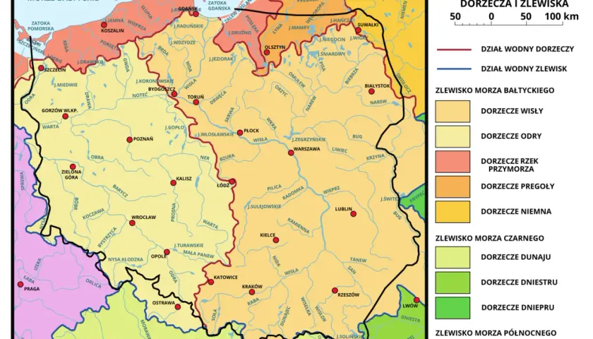 Mapa Polski z zaznaczonymi zlewiskiem Morza Czarnego, dorzeczami Dunaju, Dniestru i Dniepru.