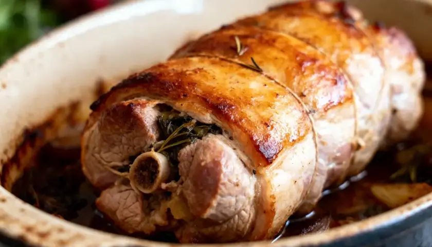 Paupiette de porc dorée et savoureuse, farcie d'herbes, prête à être dégustée dans son plat de cuisson.