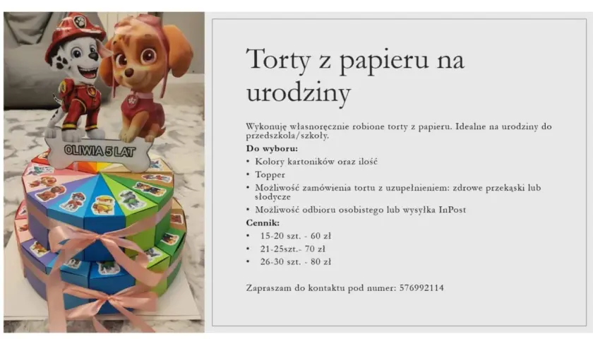 Dwupoziomowy tort z papieru z postaciami z Psiego Patrolu i napisem "Oliwia 5 lat".