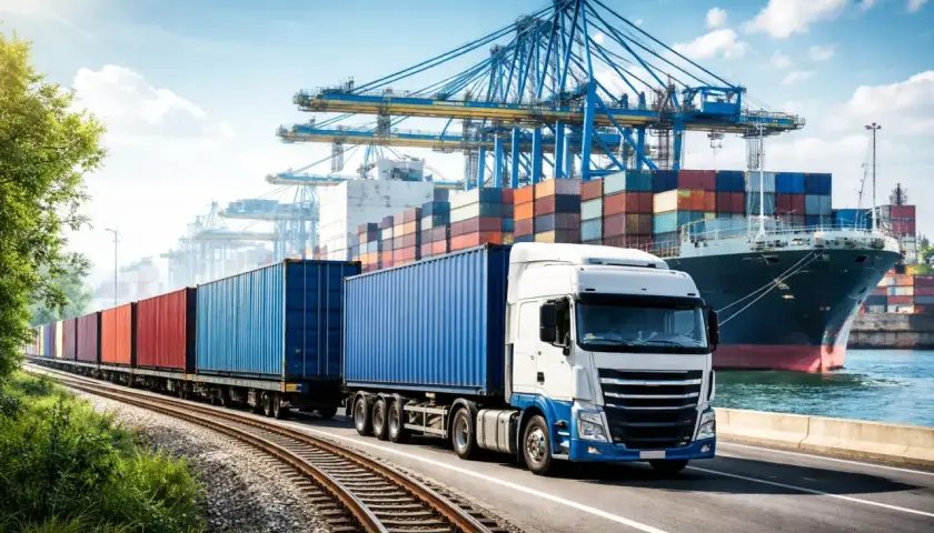 Ein LKW mit Containern fährt neben einer Bahnstrecke, die zu einem Hafen mit Kränen und einem Containerschiff führt. Dies ist ein Beispiel für intermodalen Transport.
