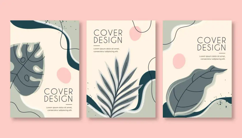 Trois designs de page de couverture abstraits avec des feuilles stylisées et des formes organiques dans des tons pastel et terreux.