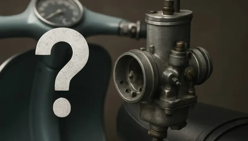 Il carburatore spruzza benzina dal filtro. Un punto interrogativo gigante campeggia su una Vespa d'epoca.
