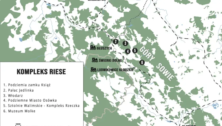 Mapa atrakcji Kompleksu Riese w Górach Sowich: Podziemia Książa, Pałac Jedlinka, Włodarz, Osówka, Sztolnie Walimskie, Muzeum Molke.