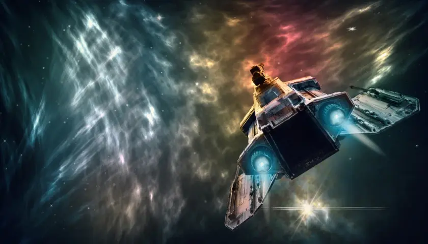 Statek kosmiczny w mgławicy. Obrazek dla początkujących fanów, wyjaśniający różnicę między hard sci-fi a space operą.