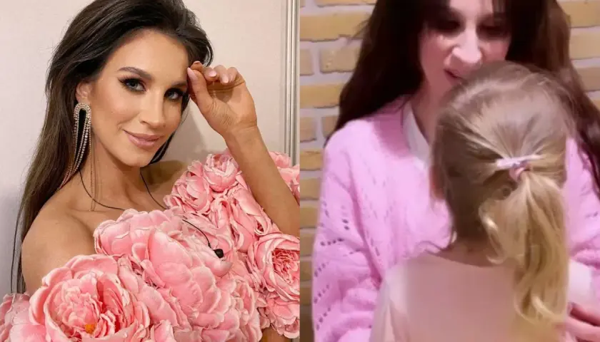Sylwia Grzeszczak w sukni z różowych kwiatów i jej córka Bogna.