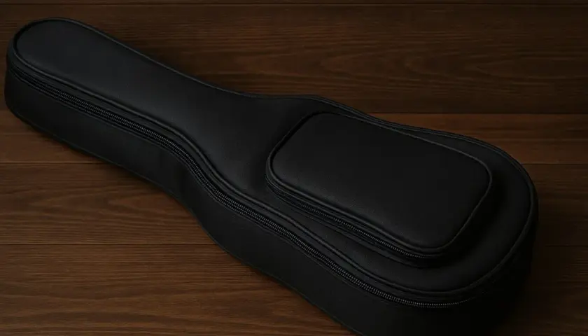 Elegancki, czarny pokrowiec na ukulele koncertowe, gotowy do podróży.