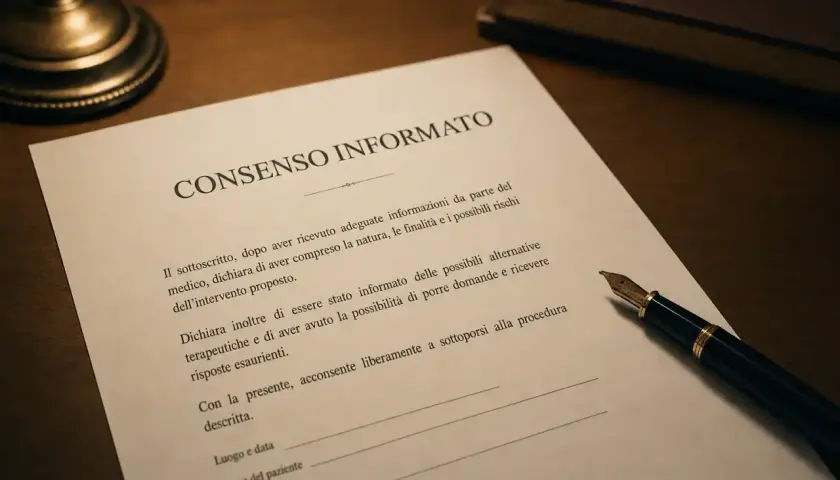 Documento di consenso informato, con penna stilografica e libro. La legge tutela il diritto di scegliere liberamente.