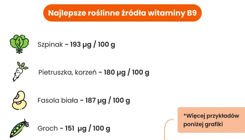 Najlepsze roślinne źródła witaminy B9: szpinak (193 µg/100g), fasola biała (187 µg/100g), pietruszka korzeń (180 µg/100g), groch (151 µg/100g).