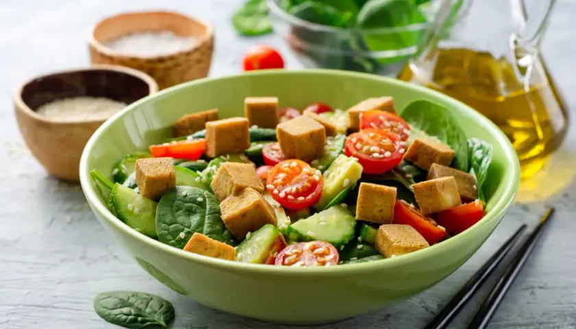 Sałatka z wędzonym tofu, pomidorkami koktajlowymi, ogórkiem i szpinakiem.