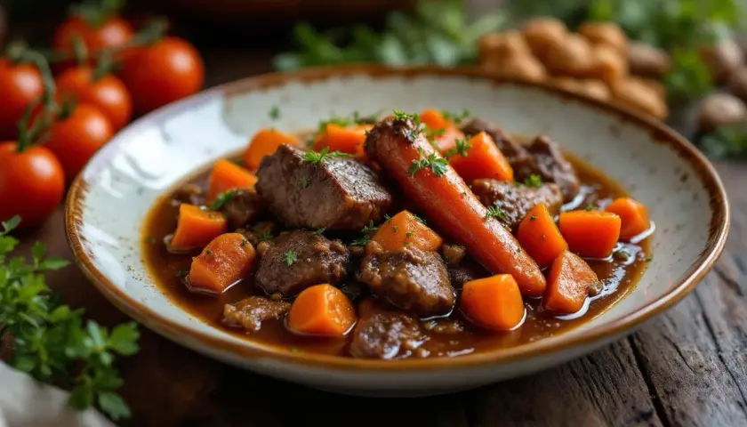 Un plat réconfortant de boeuf carottes mijoté, garni de persil frais. Les morceaux de viande tendres et les carottes orangées baignent dans une sauce brune savoureuse.