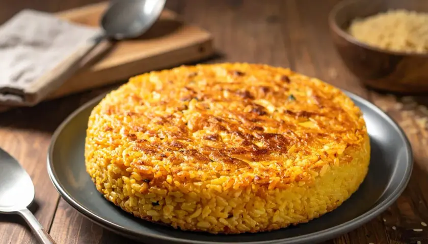 Un délicieux riso al salto, un gâteau de riz doré et croustillant, servi sur une assiette grise.