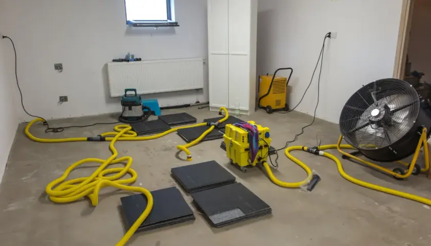 Gerät zur Trocknung eines **Wohnraums im Keller**: Bautrockner, Ventilator und Schläuche sind im Einsatz.