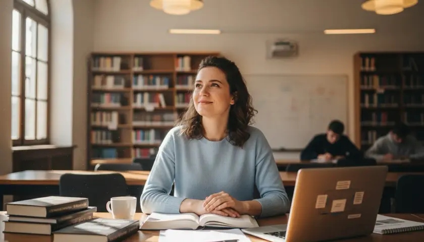 Kobieta zamyślona nad książkami, przygotowanie pedagogiczne studia podyplomowe. Na stole laptop, kubek kawy, stos książek.
