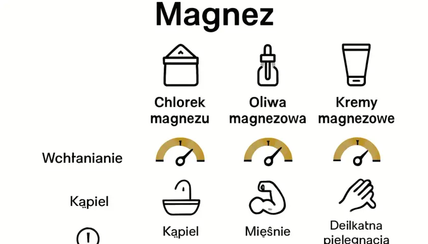 Płatki magnezowe zastosowanie: chlorek magnezu do kąpieli, oliwa magnezowa do mięśni, kremy magnezowe do pielęgnacji.