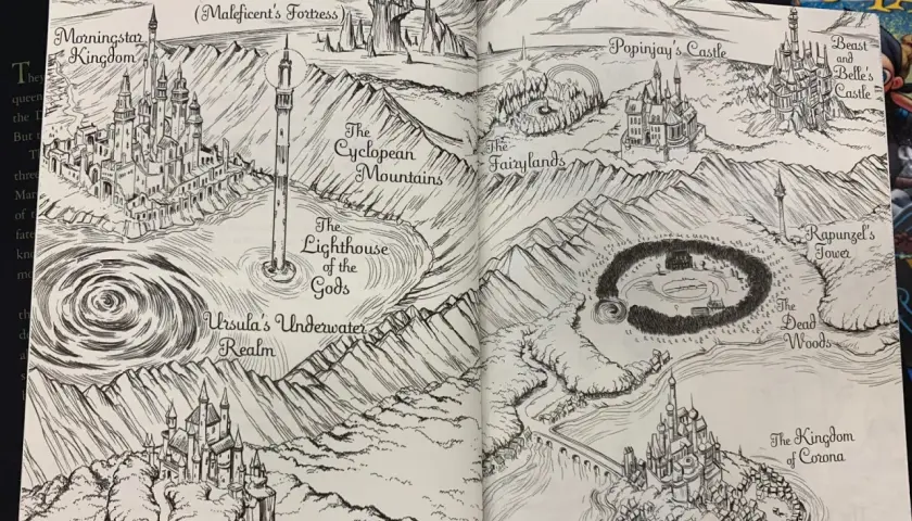 Mapa baśniowych krain: Królestwo Morningstar, Góry Cyklopów, Zamek Popinjay, Zamek Bestii i Pięknej, Wieża Roszpunki, Martwe Lasy, Królestwo Korony, Zamek Królewny Śnieżki, Podwodne Królestwo Urszuli. A jeśli jesteśmy złoczyńcami?