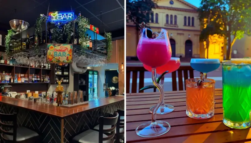 En bar med neonljus och en uteplats med färgglada drinkar, inklusive en svart drink.