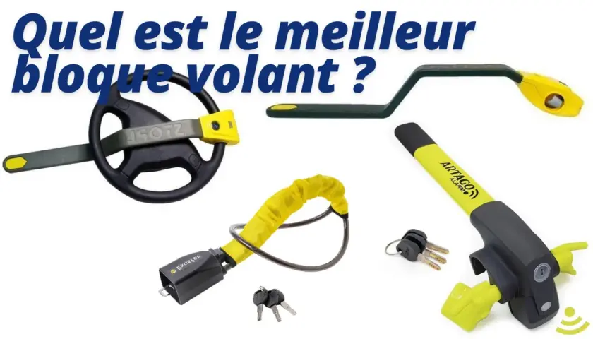 Comparatif d'antivols pour camping-car : un modèle universel, un antivol de volant, une chaîne jaune et un modèle avec alarme.