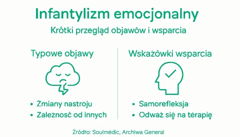 Infantylizm emocjonalny: objawy jak u dziecka u dorosłego (zmiany nastroju, zależność) i wskazówki wsparcia (samorefleksja, terapia).