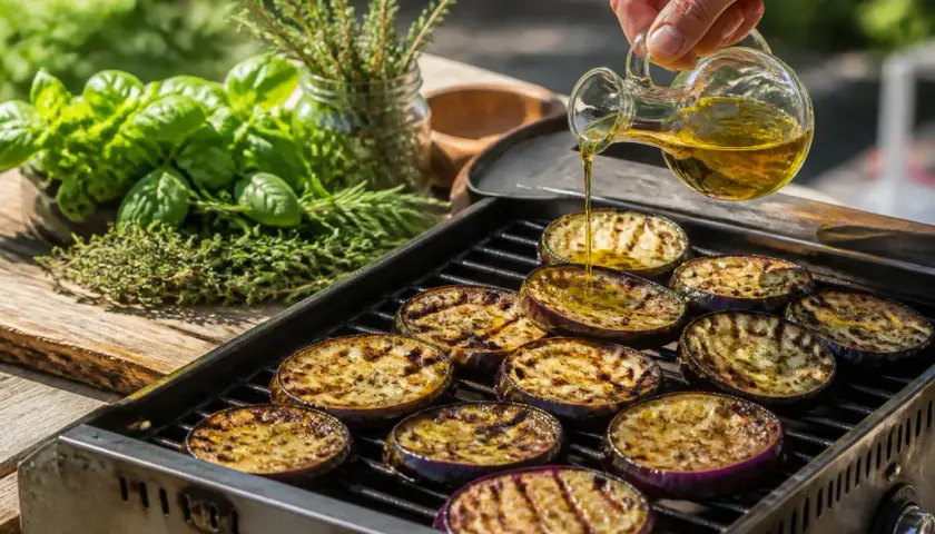 Tranches d'aubergine grillées sur un barbecue, arrosées d'huile d'olive. Herbes fraîches en arrière-plan.