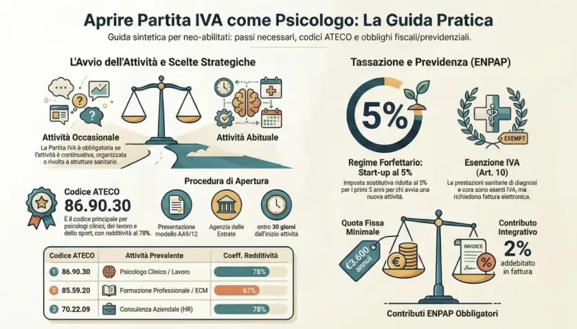 Guida per aprire Partita IVA come psicologo: codici ATECO, tassazione, esenzioni e contributi. Il counselor può aprire uno studio con il codice 86.90.30.