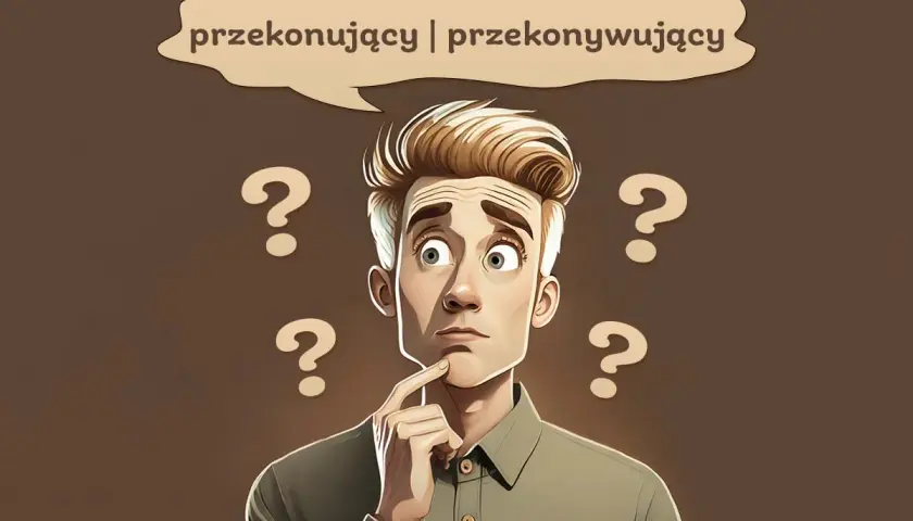 Zamyślony mężczyzna z pytajnikami wokół głowy szuka przekonywującego argumentu.