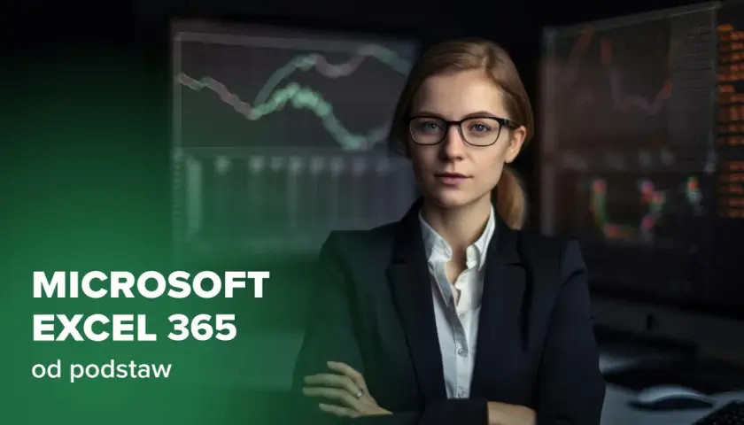 Kobieta w okularach i garniturze, na tle wykresów. Kurs Microsoft Excel 365 od podstaw.
