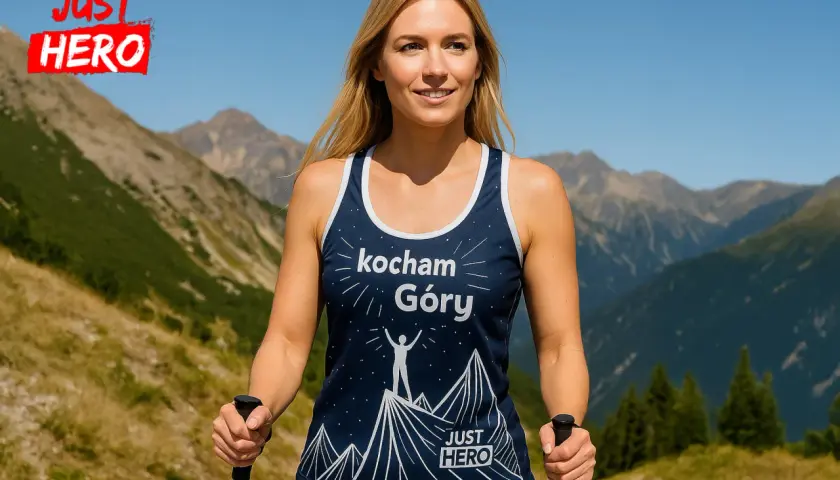 Kobieta w górach w koszulce z napisem "Kocham Góry" i logo marki sportowej "JUST HERO".