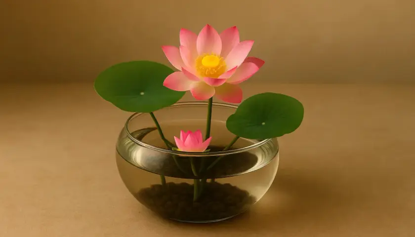Eine zarte **Lotusblume in der Wohnung**, in einem Glasgefäß mit Wasser und Kieselsteinen, strahlt Ruhe aus.