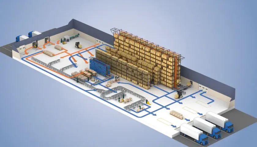 Diagram spaghetti przedstawiający przepływ towarów w magazynie: od rozładunku, przez taśmociągi i regały, aż po załadunek na ciężarówki.