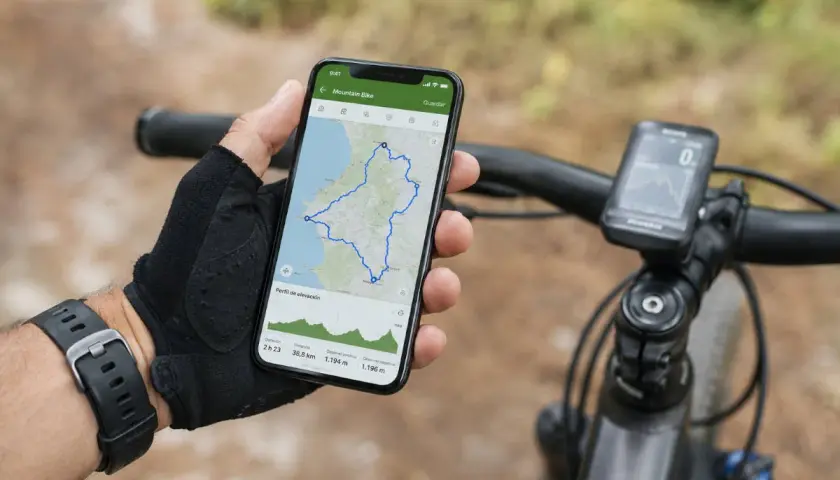 Mano con guante revisa en el móvil una ruta bici con perfil de elevación. Ciclocomputador en manillar.