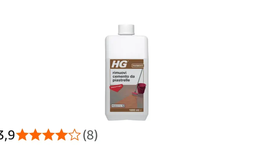 Flacone HG per rimuovere il cemento dalle piastrelle, con immagine di un secchio e scopa.