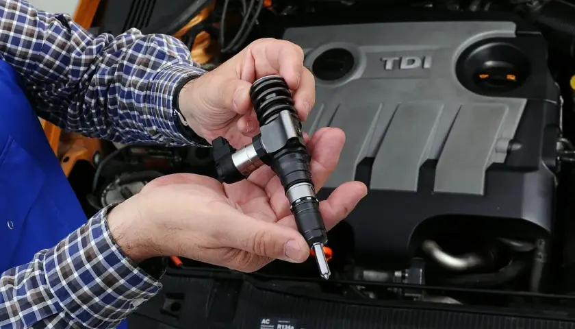 Mechanik trzyma w dłoniach wtryskiwacz, który może być przyczyną objawów uszkodzonego czujnika ciśnienia paliwa diesel.