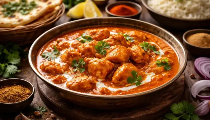En skål med krämig butter chicken, garnerad med koriander. Bredvid syns naanbröd, ris och kryddor.