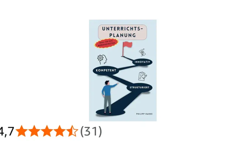 Ein Mann zeigt auf eine Grafik, die den Weg zur erfolgreichen Unterrichtsplanung mit den Stationen "kompetent", "innovativ" und "strukturiert" darstellt. Ideal für den Berufseinstieg.