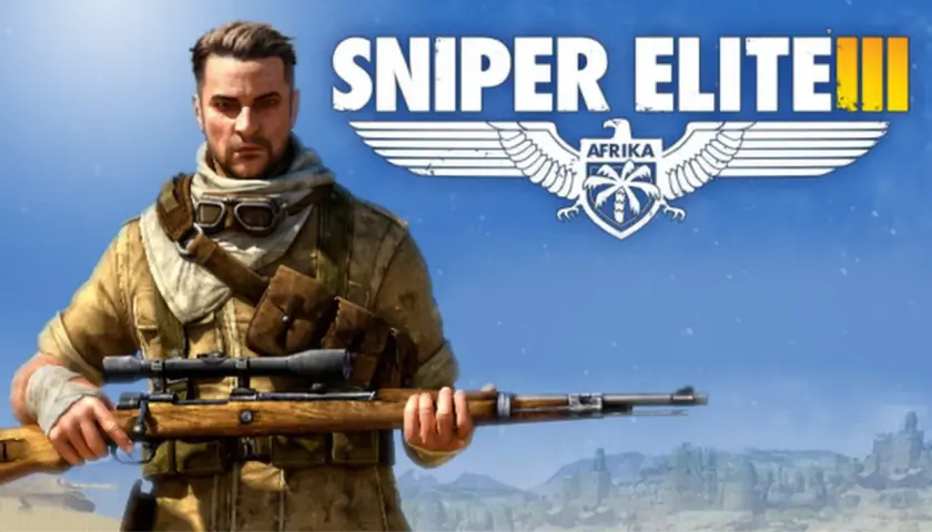 Żołnierz z karabinem na tle pustynnego krajobrazu i logo gry Sniper Elite III. Szukasz spolszczenie?
