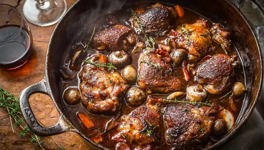 Un plat de coq au vin mijotant dans une cocotte en fonte, avec des morceaux de poulet, des champignons et des carottes. Le vin rouge à côté suggère quel vin pour un coq au vin.