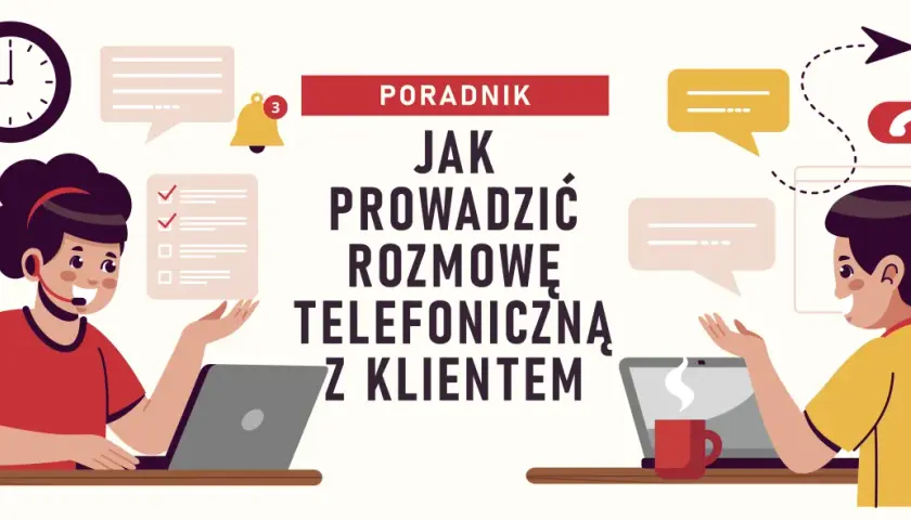 Poradnik: jak podtrzymać rozmowę telefoniczną z klientem. Dwie osoby z zestawami słuchawkowymi przy laptopach, komunikacja.