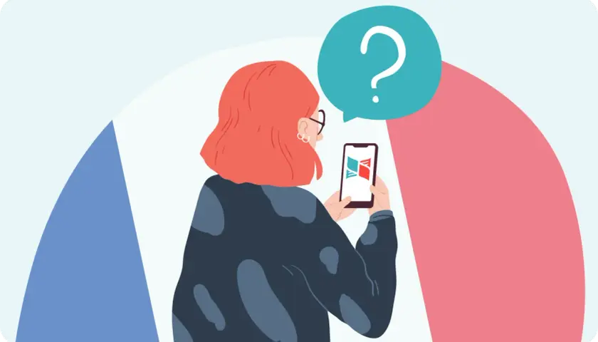 Kobieta z rudymi włosami trzyma smartfon z ikoną książki. Nad nią chmurka z pytajnikiem. Qu'est-ce que to znaczy?